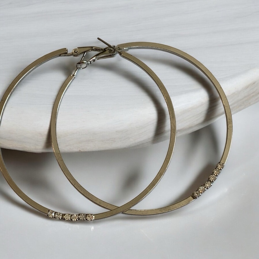 Elegant Silver Tone Hoop Earrings with Rhinestone Accents